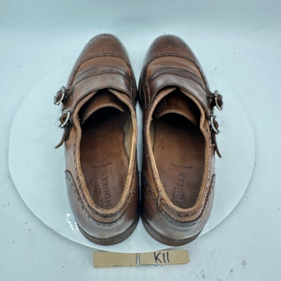 Alexander McQueen Men Size EU 42 US 9 Brown Leather Brogue Double Monk Shoes - Picture 9 of 12